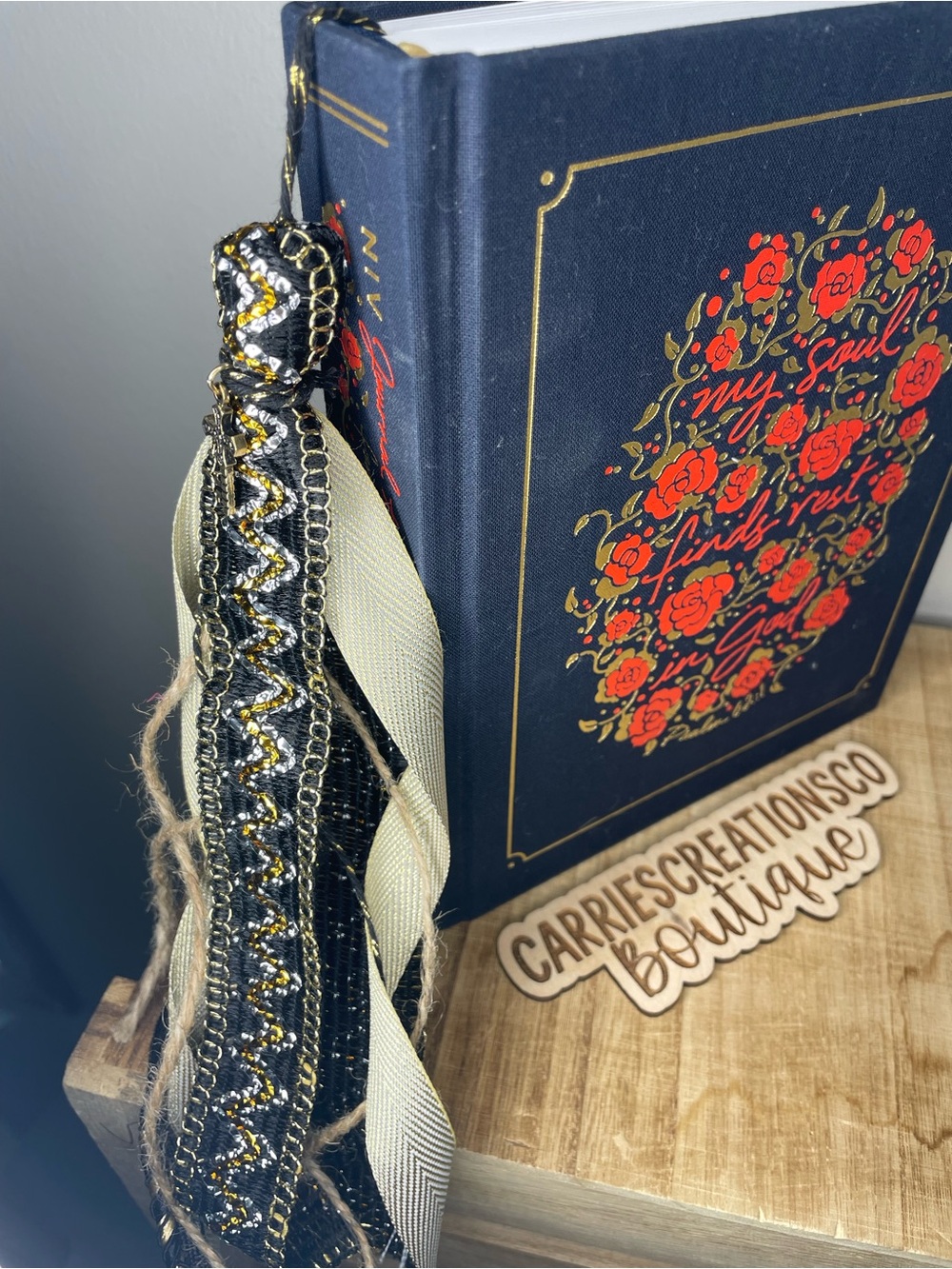 Bible tassel book mark - gold and black with cross charm
